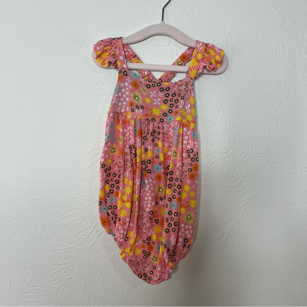Posh Peanut Floral Bamboo Bubble Romper Pink Cross Back Infant Size 12-18M